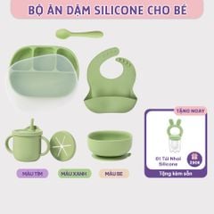 Bộ Ăn Dặm Cho Bé Thương Hiệu Mama's Choice, Combo Bát-Khay-Yếm-Thìa-Cốc Silicone Cao Cấp