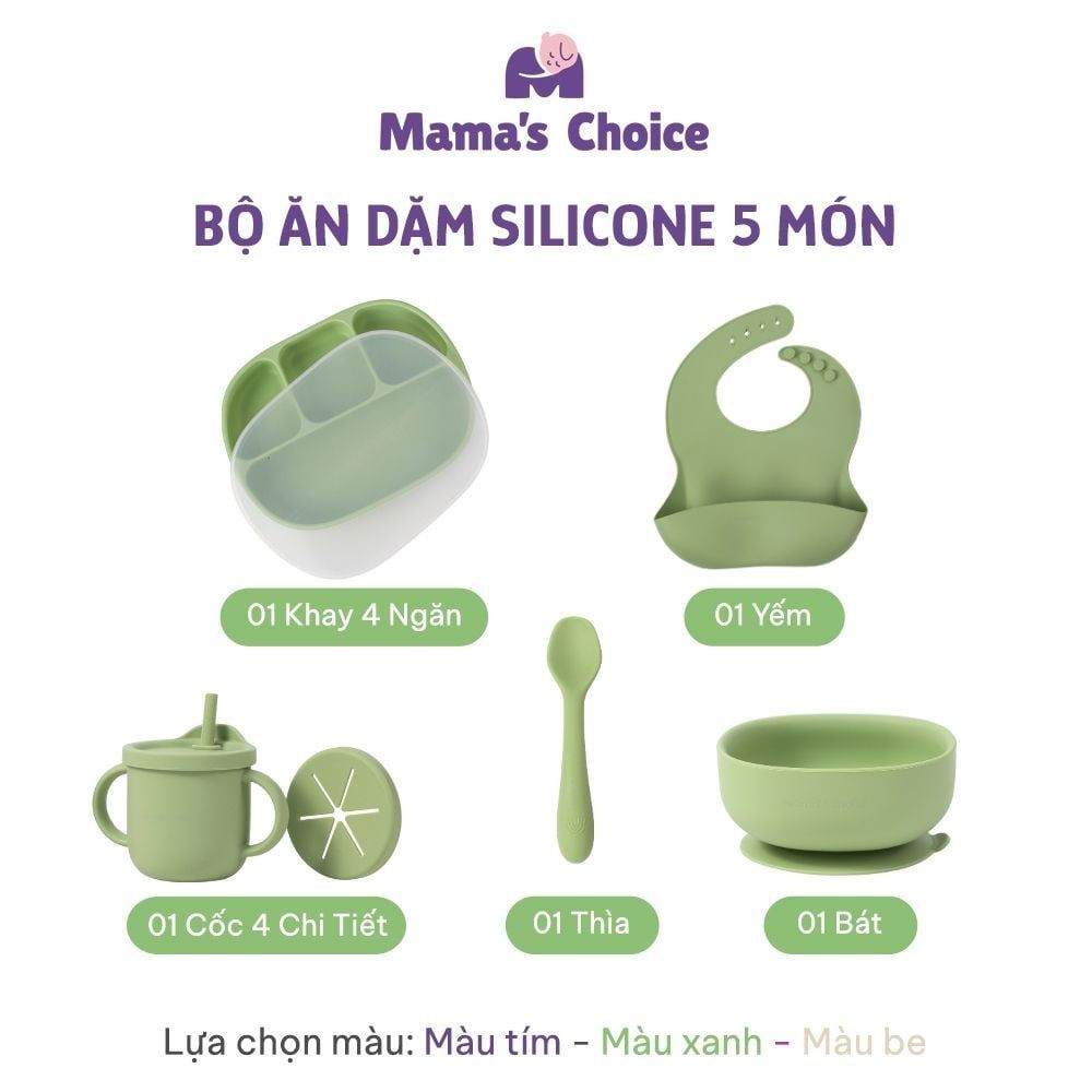 Bộ Ăn Dặm Cho Bé Thương Hiệu Mama's Choice, Combo Bát-Khay-Yếm-Thìa-Cốc Silicone Cao Cấp