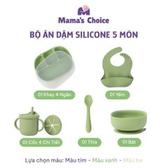 Bộ Ăn Dặm Cho Bé Thương Hiệu Mama's Choice, Combo Bát-Khay-Yếm-Thìa-Cốc Silicone Cao Cấp