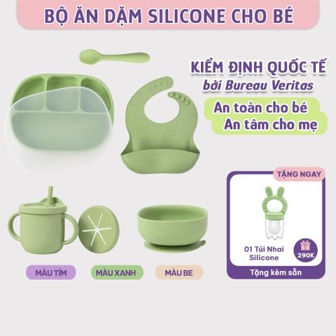 Bộ Ăn Dặm Cho Bé Thương Hiệu Mama's Choice, Combo Bát-Khay-Yếm-Thìa-Cốc Silicone Cao Cấp