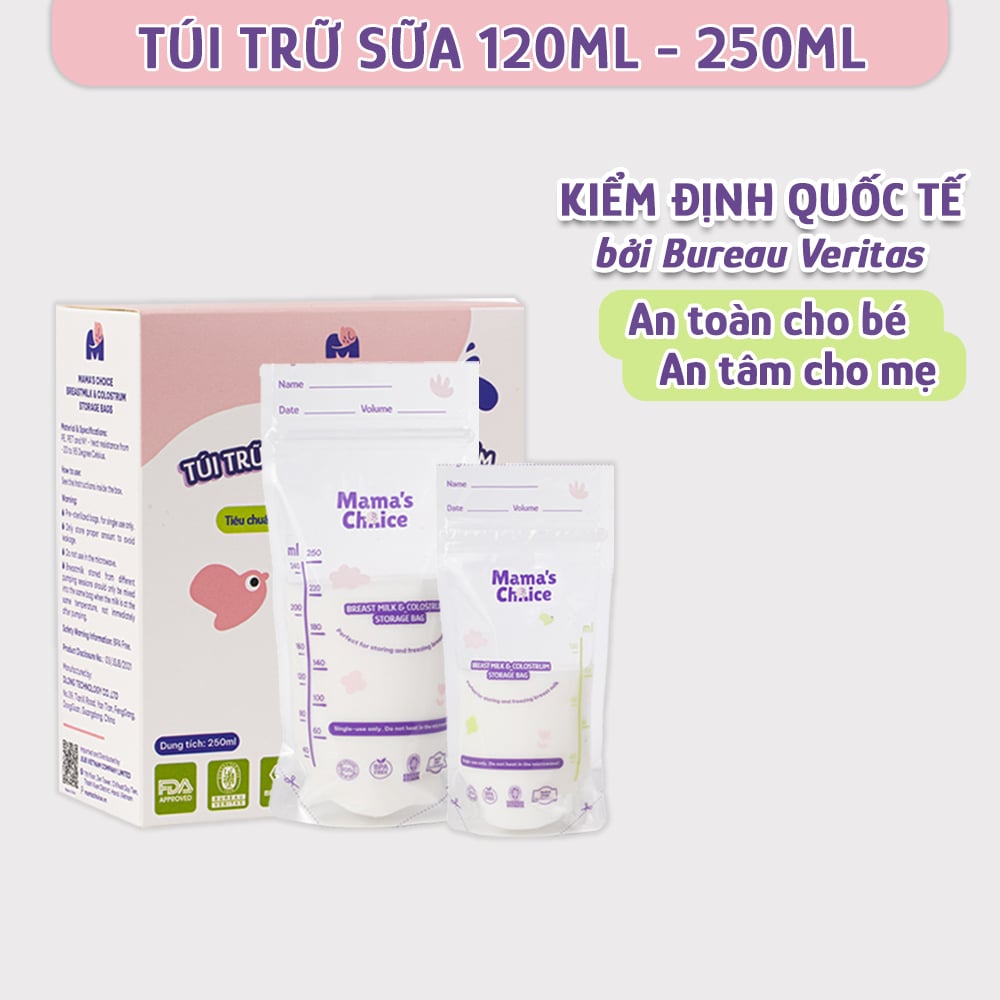 Túi Trữ Sữa Mama's Choice Dung Tích 120ml-250ml, Bảo Quản Sữa Mẹ An Toàn, 2 Khóa Zipper Chống Rò Rỉ (Hộp 30 túi)