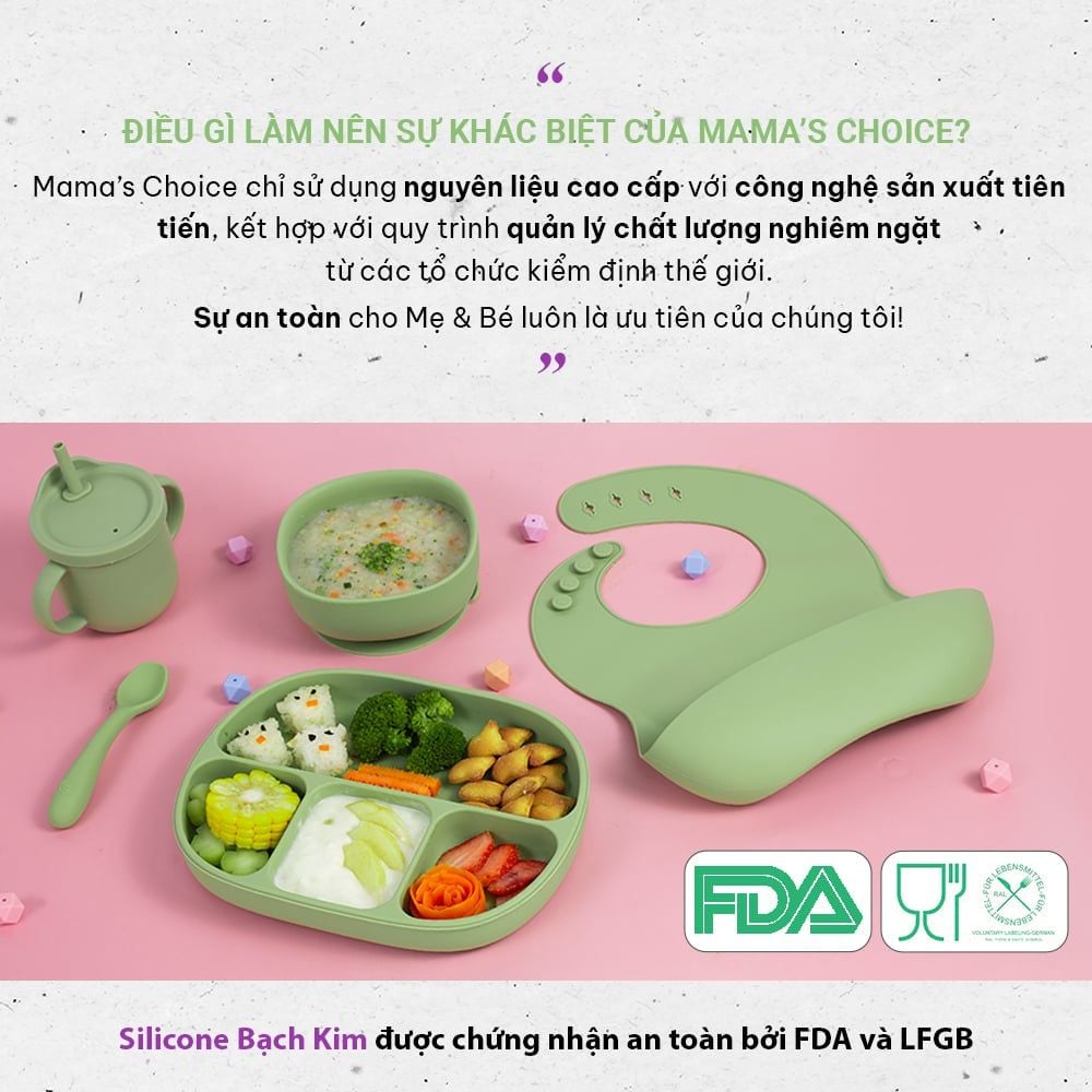 Yếm Ăn Dặm Silicone Mama's Choice Cao Cấp, Thiết Kế Đặc Biệt với Máng Chắn Thức Ăn và Nấc Điều Chỉnh Phù Hợp Với Bé