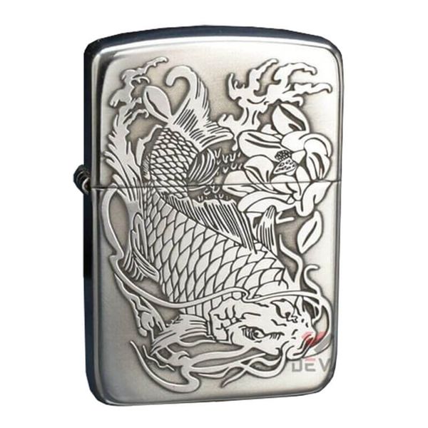 Zippo Bạc Khối Tái Bản 1941 Khắc Cá Chép Đầm Sen BK37