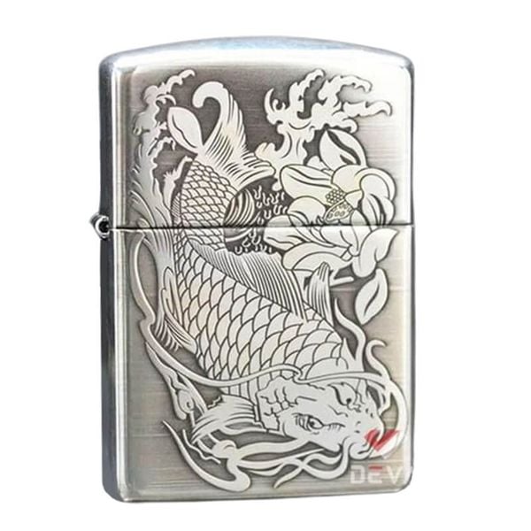 Zippo Bạc Khối Armor Khắc Cá Chép Đầm Sen BK61
