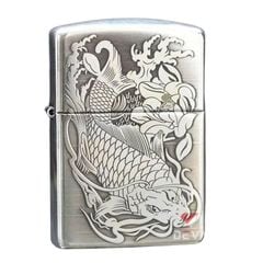 Zippo Bạc Khối Armor Khắc Cá Chép Đầm Sen BK61