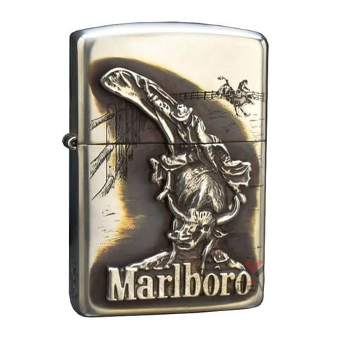 Zippo Bạc Khối Ốp Emblem Chàng Cao Bồi Cưỡi Bò Marlboro BK44