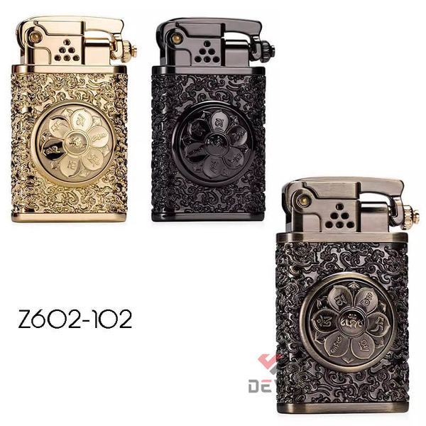 Bật lửa xăng đá Zorro đánh lửa tự động ốp vòng xoay Lục tự Chân Ngôn Z602-102