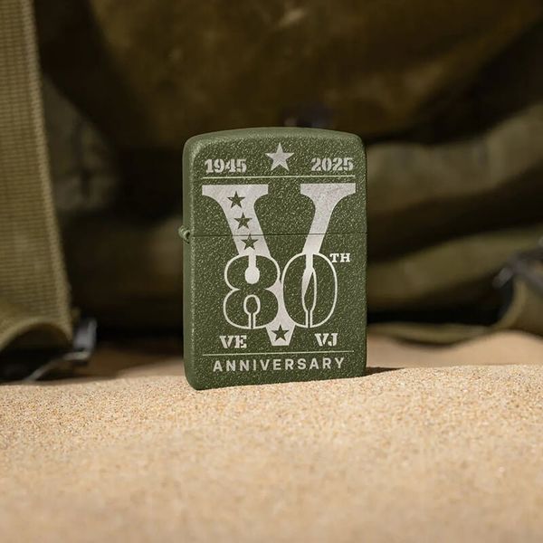 Zippo VE/VJ Day 80th Anniversary Collectible Steel Green Crackle, Zippo Victory in Europe, Victory in Japan 80th Anniversary Collectible Z112
