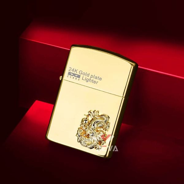Bật lửa xăng đá chính hãng Zorro  ốp Emblem hình 12 con giáp mạ vàng 24K Z2-1099