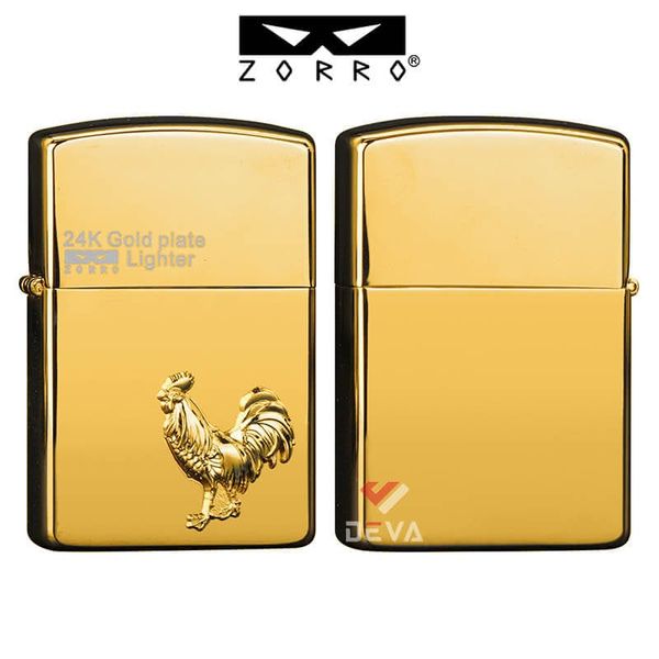 Bật lửa xăng đá chính hãng Zorro  ốp Emblem hình 12 con giáp mạ vàng 24K Z2-1099