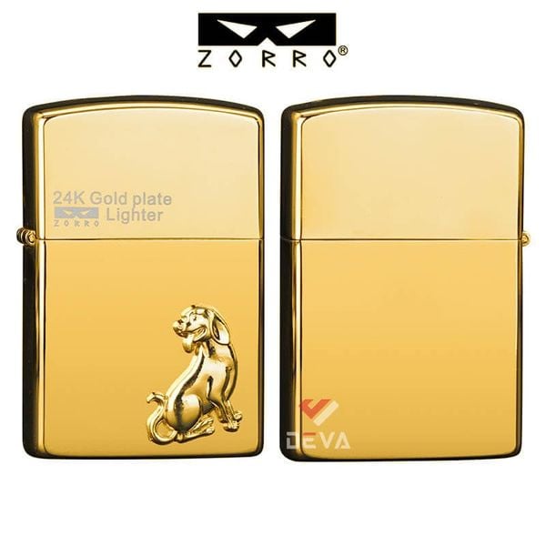 Bật lửa xăng đá chính hãng Zorro  ốp Emblem hình 12 con giáp mạ vàng 24K Z2-1099