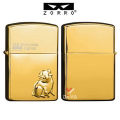 Bật lửa xăng đá chính hãng Zorro  ốp Emblem hình 12 con giáp mạ vàng 24K Z2-1099