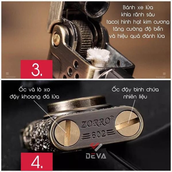 Bật lửa xăng đá Zorro đánh lửa tự động vòng xoay đồng tiền phong thuỷ Z602-103