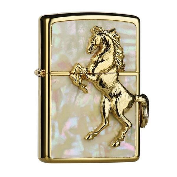 Zippo Khảm Trai Mạ Vàng Ốp Ngựa Nổi 3D ZN16