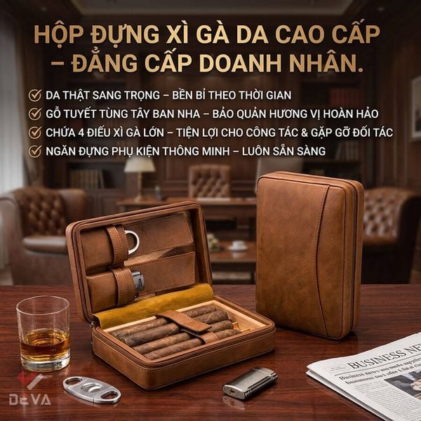 Bao da đựng Cigar 4 điếu Lubinski/Cohiba kèm bật lửa và dao cắt T116