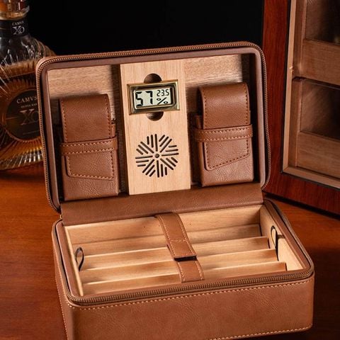 Bao Da Cigar 4 Điếu T109 | Hộp Dưỡng Cigar Mini Có Đồng Hồ Đo Độ Ẩm