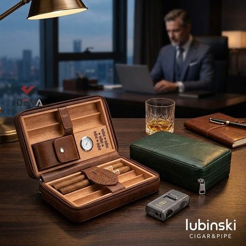 Set bao da Cigar 6 điếu Lubinski kèm bật lửa YJA 50023
