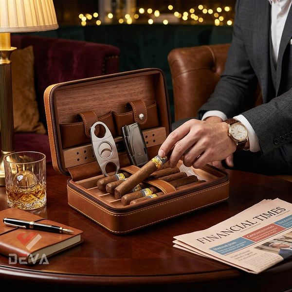 Bao Da đựng xì gà có bật lửa và dao cắt Cohiba XJ T104