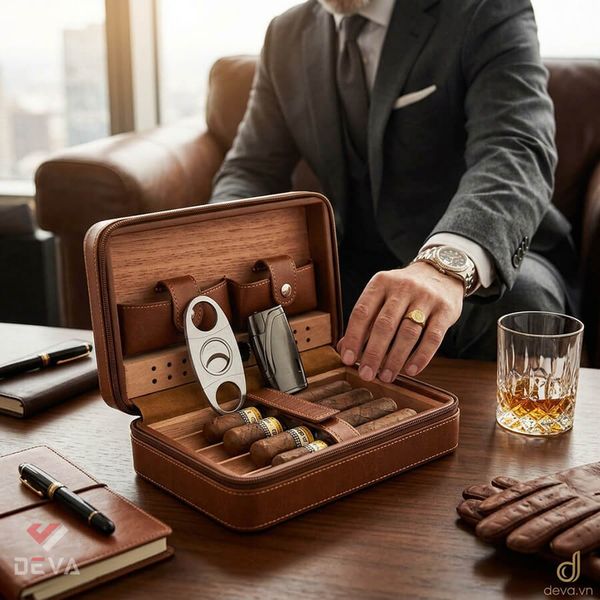 Bao Da đựng xì gà có bật lửa và dao cắt Cohiba XJ T104