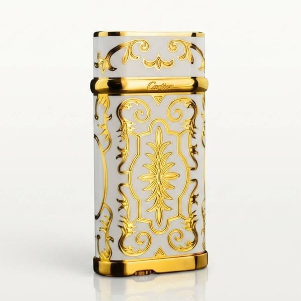 Bật Lửa Ga Đá Cartier Men Trắng Khắc Hoa Văn Mạ Vàng K037
