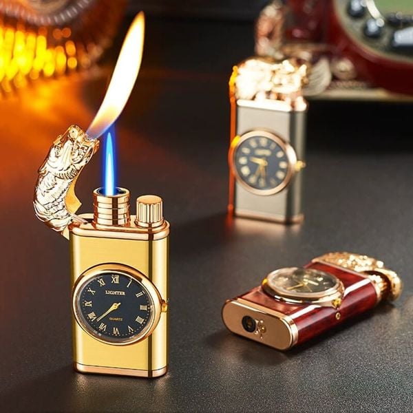 Bật lửa gas 2 chế độ lửa có đồng hồ các hình  DT19