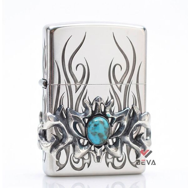 Zippo hoa văn cổ ốp Lam Ngọc 2 mặt ZN315
