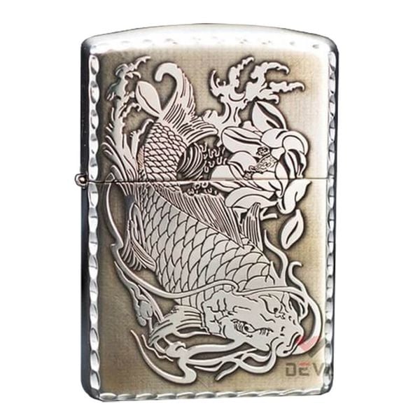 Zippo Bạc Khối Khắc Cá Chép Viền Gõ Búa BK11