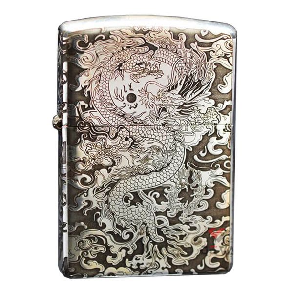 Zippo Bạc Khối Khắc Hình Rồng Mây 2 Mặt BK15
