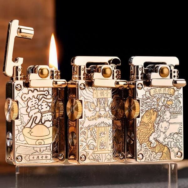 Bật lửa xăng đá chính hãng Chief cần gạt ốp da 2 mặt CF708