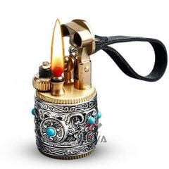 Bật lửa móc khoá Chief vỏ xoay mạ bạc hoa văn nổi đính đá CF716