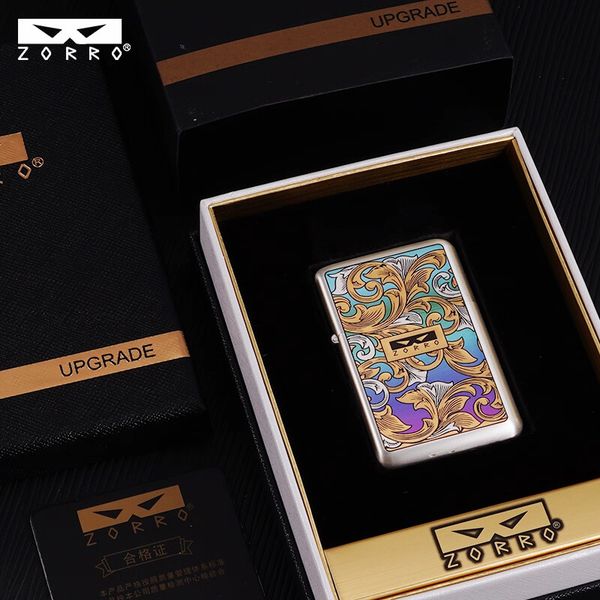 Bật lửa xăng đá chính hãng Zorro dáng nhỏ sơn hoa văn cổ điển Z790