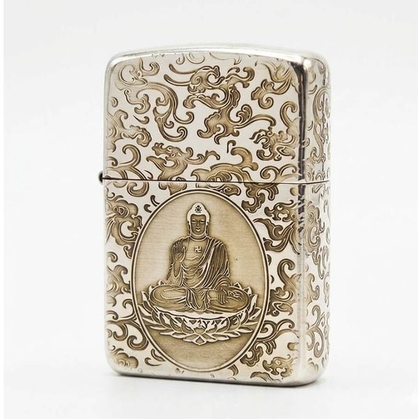 Zippo Bạc Khối Tái Bản 1941 Chủ Đề Phật Ngự Đài Sen BK71