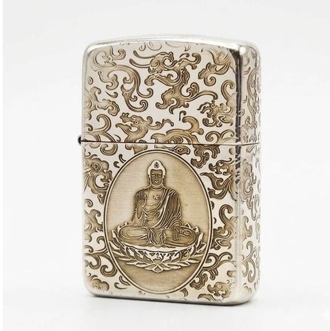 Zippo Bạc Khối Tái Bản 1941 Chủ Đề Phật Ngự Đài Sen BK71
