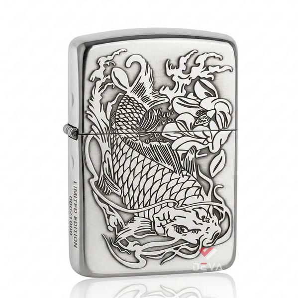 Zippo Bạc Khối Tái Bản 1941 Khắc Cá Chép Đầm Sen BK37