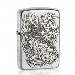 Zippo Bạc Khối Tái Bản 1941 Khắc Cá Chép Đầm Sen BK37