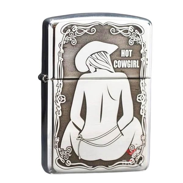 Zippo Bạc Khối Armor Khắc Cô Gái Cao Bồi Hot Cowgirl BK62