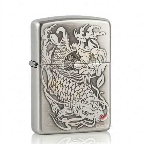 Zippo Bạc Khối Armor Khắc Cá Chép Đầm Sen BK61