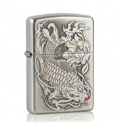 Zippo Bạc Khối Armor Khắc Cá Chép Đầm Sen BK61