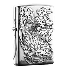 Zippo Bạc Khối Khắc 2 Mặt Cá Chép Trong Đầm Sen BK67