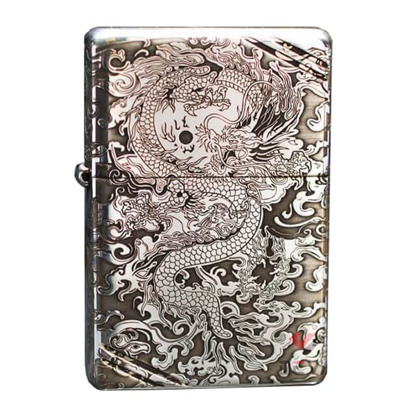 Zippo Bạc Khối Vintage Chặt Góc Khắc Rồng Mây BK72
