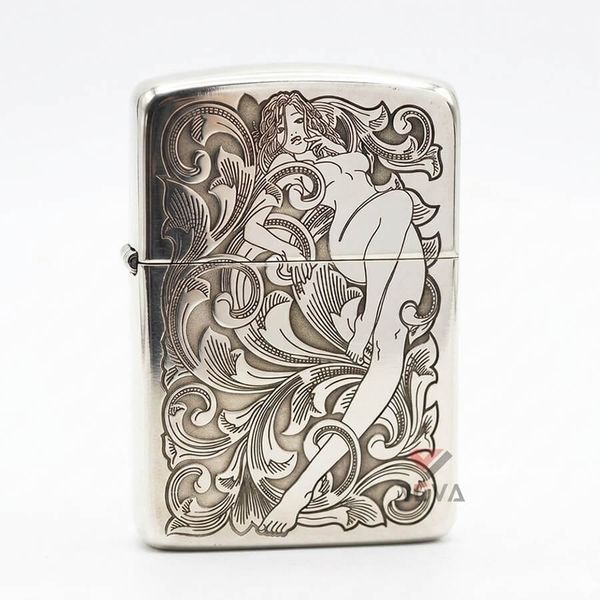 Zippo Bạc Khối Tái Bản 1941 Khắc Hoa Văn Cô Gái Sexy BK46