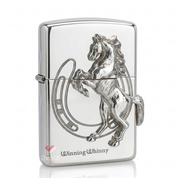 Zippo Bạc Khối Ốp Emblem Bạc Chú Ngựa Winning Whinny BK89