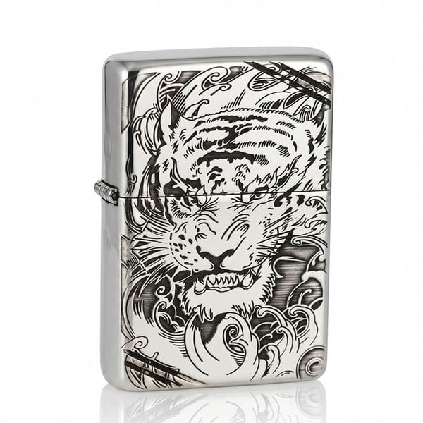 Zippo Bạc Khối Chặt Góc Hình Hổ Chúa Sơn Lâm BK76