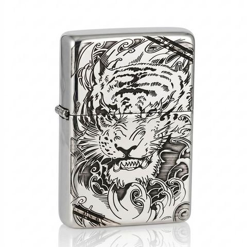 Zippo Bạc Khối Chặt Góc Hình Hổ Chúa Sơn Lâm BK76