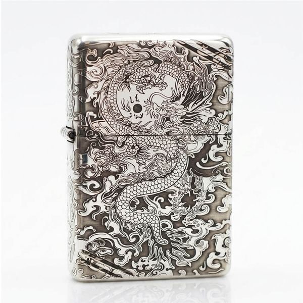 Zippo Bạc Khối Vintage Chặt Góc Khắc Rồng Mây BK72
