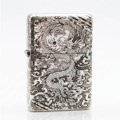 Zippo Bạc Khối Vintage Chặt Góc Khắc Rồng Mây BK72