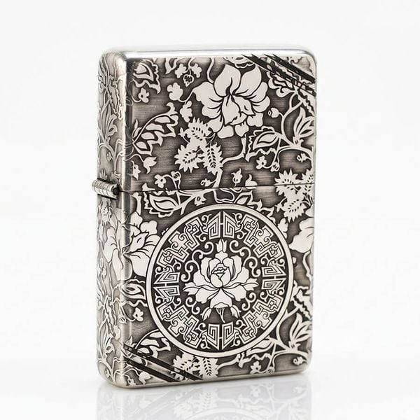 Zippo Bạc Khối Tái Bản 1937 Vintage Chặt Góc Khắc Hoa Mẫu Đơn BK80