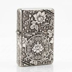 Zippo Bạc Khối Tái Bản 1937 Vintage Chặt Góc Khắc Hoa Mẫu Đơn BK80