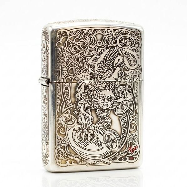 Zippo Bạc Khối Armor Khắc Kỳ Lân Các Mặt BK18