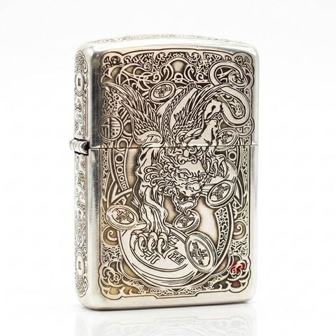 Zippo Bạc Khối Armor Khắc Kỳ Lân Các Mặt BK18